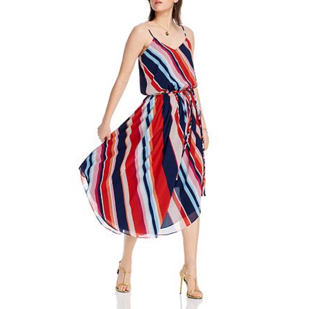 Lini Bloomingdale's NWT Kim Dress Colorful Stripe V Neck Sleeveless Midi Med New